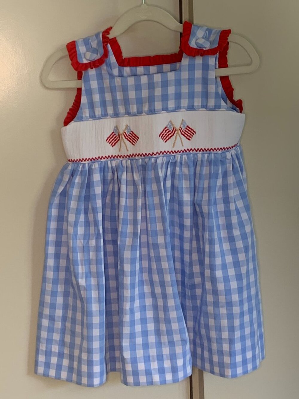 Stitchy Fish Girls Patriotic Smocked Flag Gingham Dress 4T